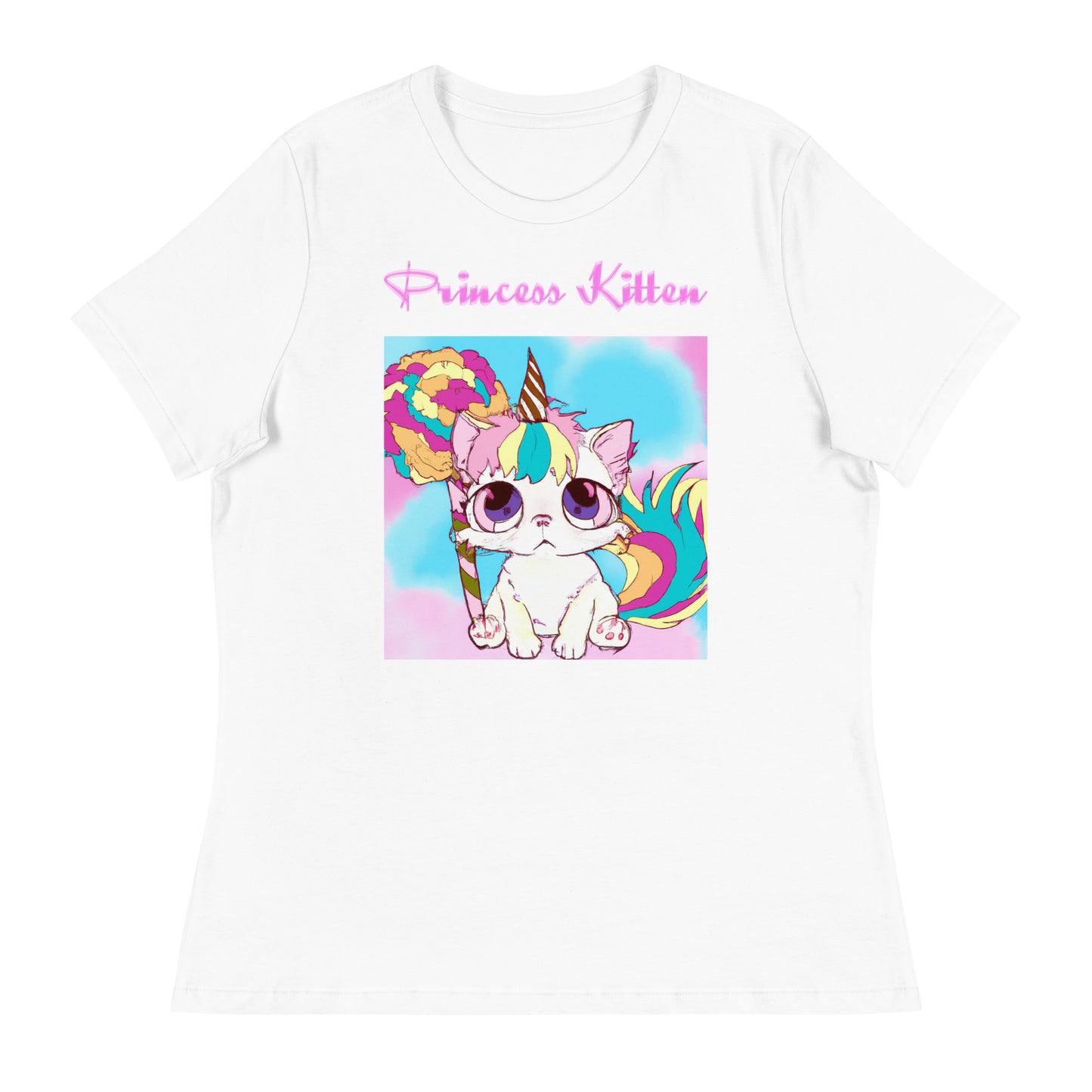 Women's White T-Shirt with Cute Sad Unicorn Kitten With a Lollipop with a text "Princess Kitten" at $25.97 found at Personalizedpetlovergifts