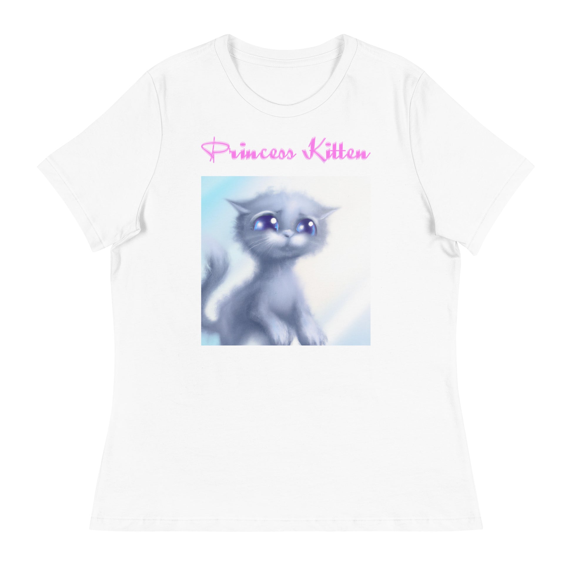 Women's White T-Shirt with Cute Sad Kitten with a text "Princess Kitten" at $25.97 found at Personalizedpetlovergifts