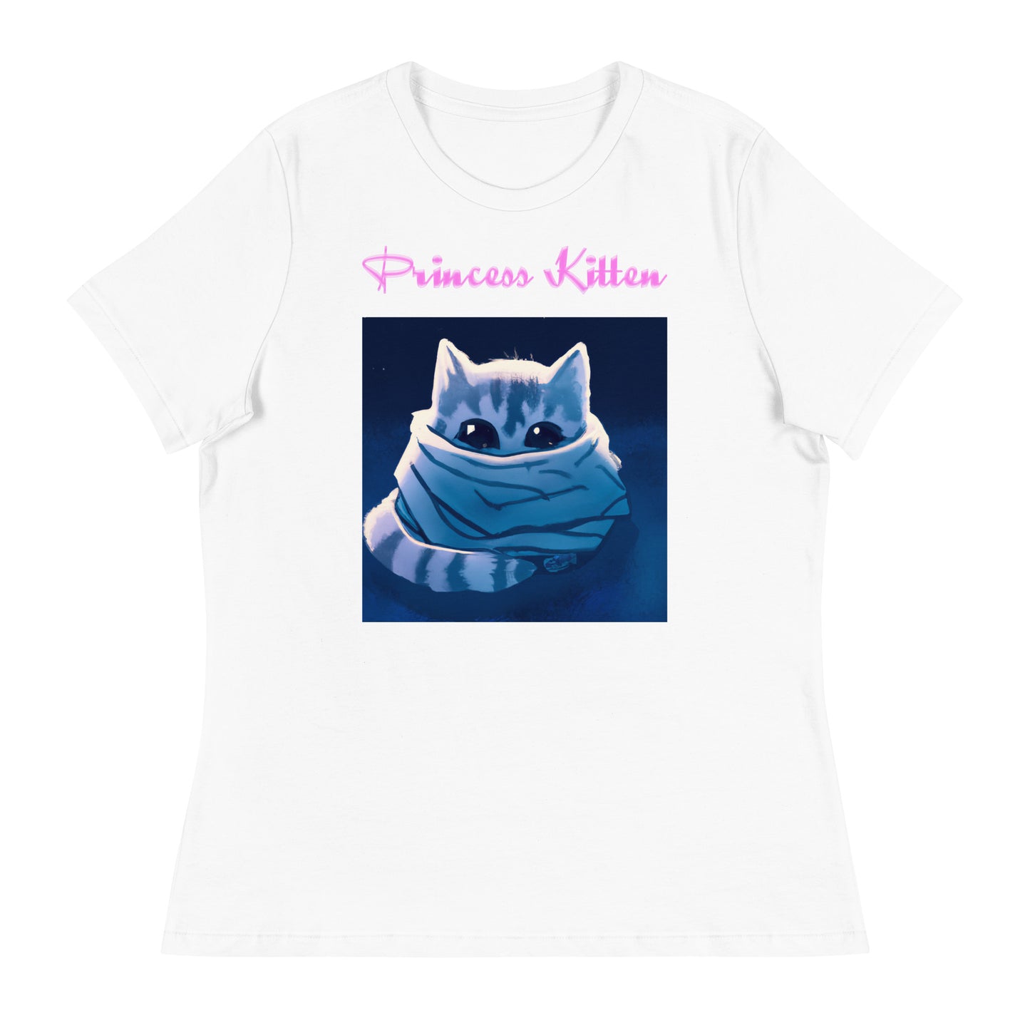 Women's White T-Shirt with Cute Kitten Wrapped Up In a Cozy Scarf with a text "Princess Kitten" at $25.97 found at Personalizedpetlovergifts