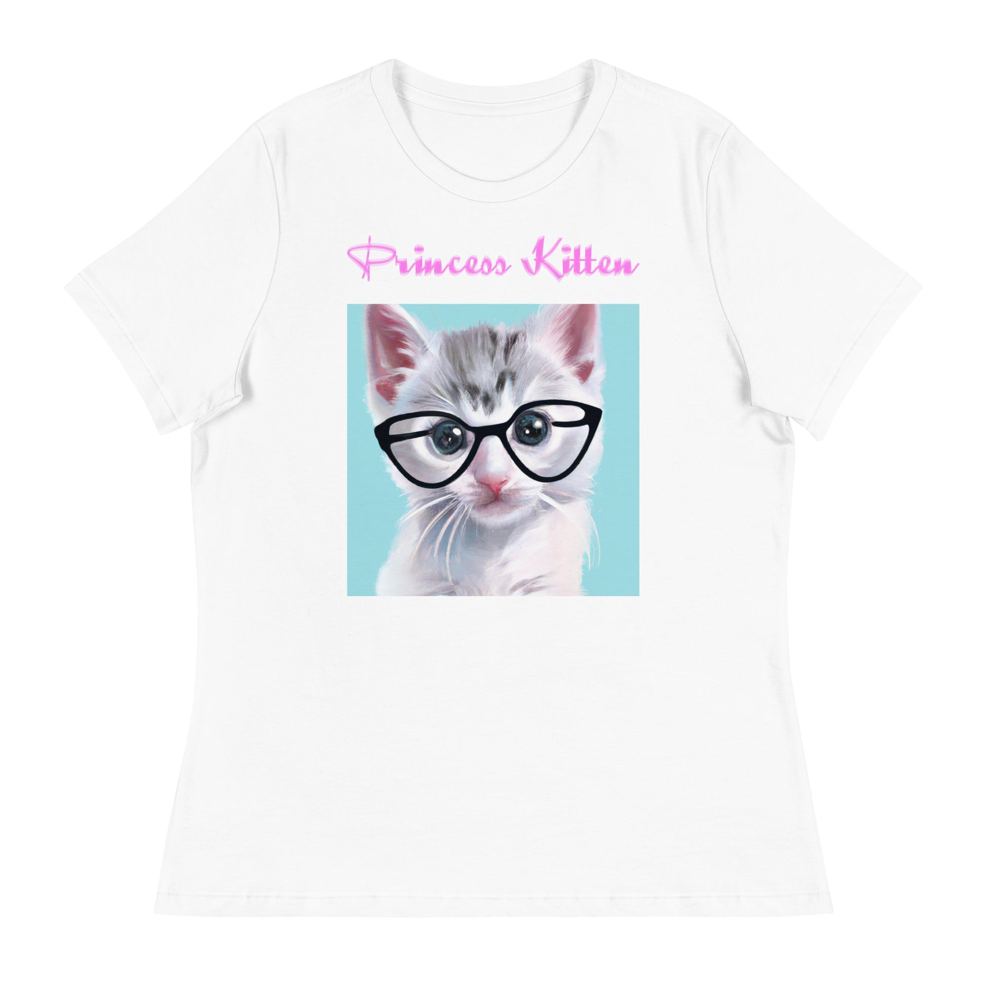 Women's White T-Shirt with Cute Kitten With Glasses And Whiskers with a text "Princess Kitten" at $25.97 found at Personalizedpetlovergifts