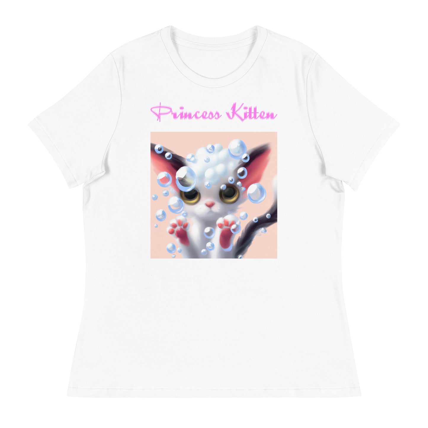 Women's White T-Shirt with Cute Kitten With Bubbles with a text "Princess Kitten" at $25.97 found at Personalizedpetlovergifts