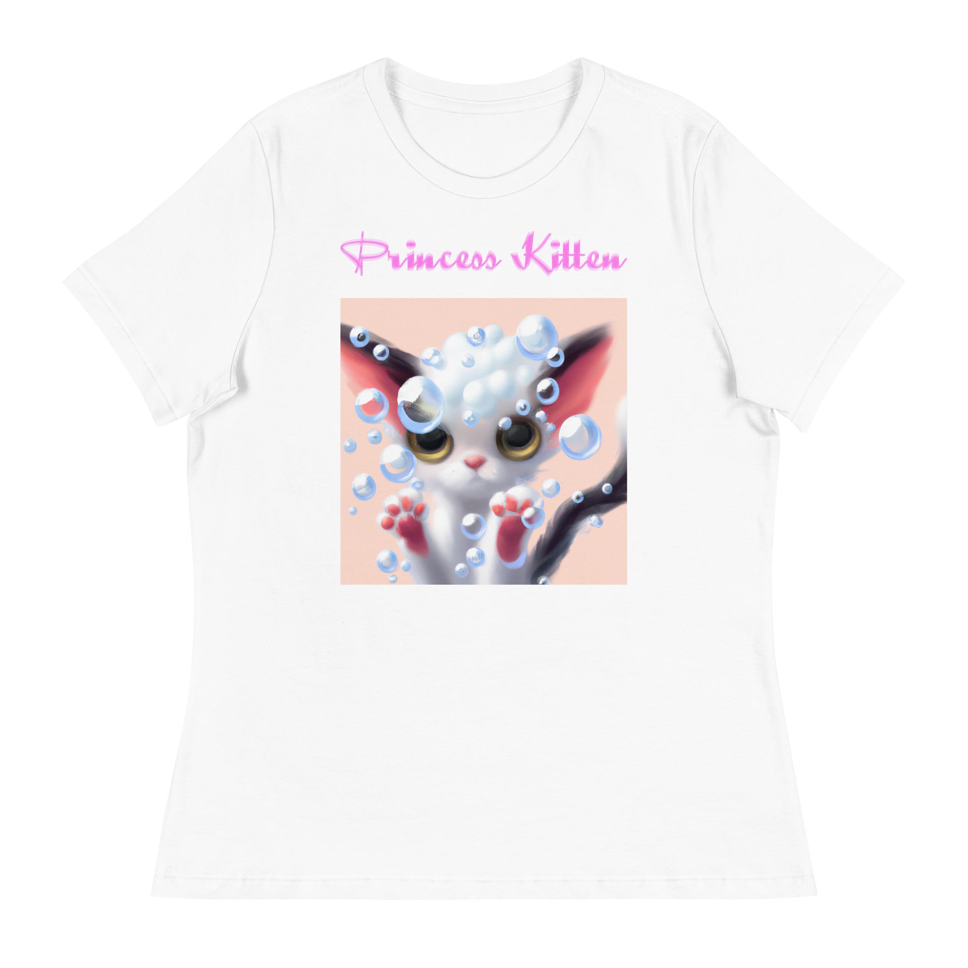 Women's White T-Shirt with Cute Kitten With Bubbles with a text "Princess Kitten" at $25.97 found at Personalizedpetlovergifts