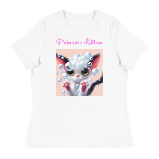 Women's White T-Shirt with Cute Kitten With Bubbles with a text "Princess Kitten" at $25.97 found at Personalizedpetlovergifts