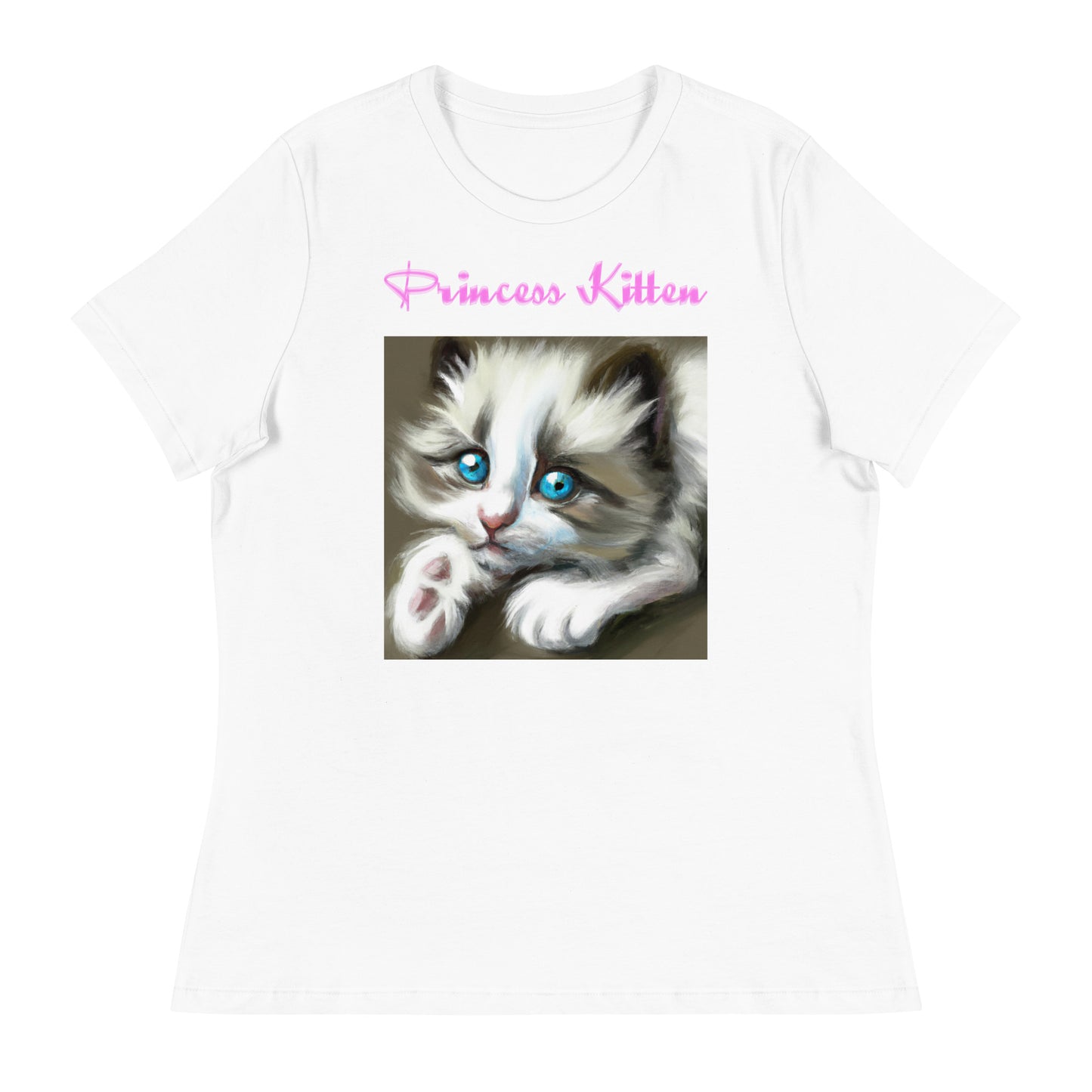 Women's White T-Shirt with Cute Kitten With Blue Eyes with a text "Princess Kitten" at $25.97 found at Personalizedpetlovergifts