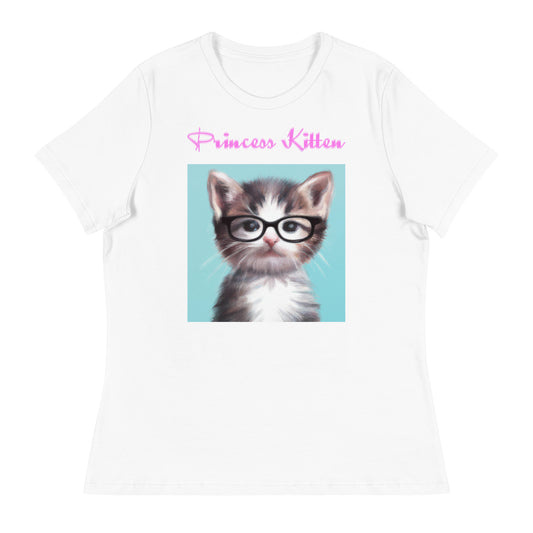 Women's White T-Shirt with Cute Kitten Wearing Glasses with a text "Princess Kitten" at $25.97 found at Personalizedpetlovergifts