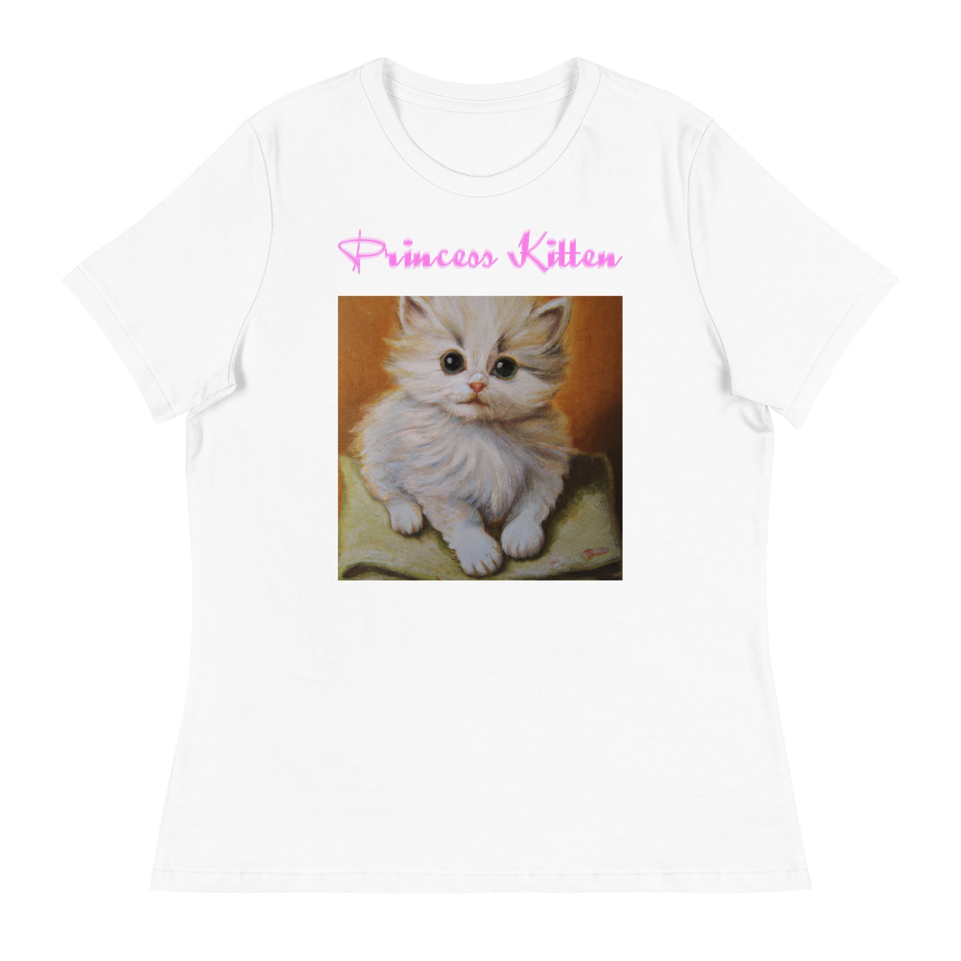 Women's White T-Shirt with Cute Kitten Sitting On a Pillow with a text "Princess Kitten" at $25.97 found at Personalizedpetlovergifts