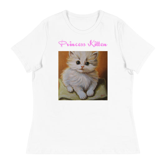 Women's White T-Shirt with Cute Kitten Sitting On a Pillow with a text "Princess Kitten" at $25.97 found at Personalizedpetlovergifts