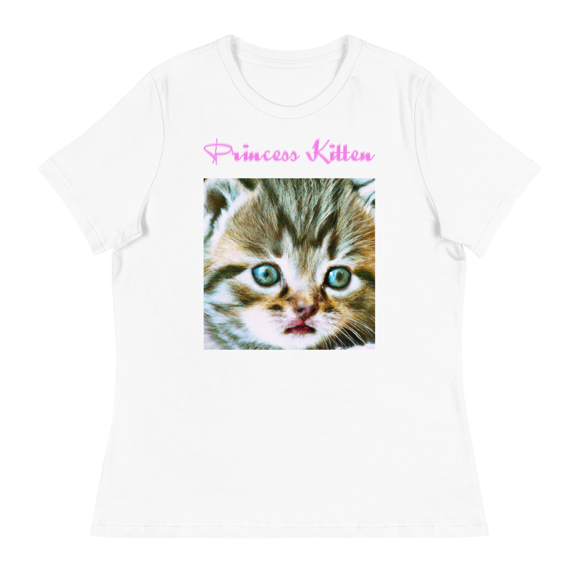 Women's White T-Shirt with Cute Kitten Portrait with a text "Princess Kitten" at $25.97 found at Personalizedpetlovergifts