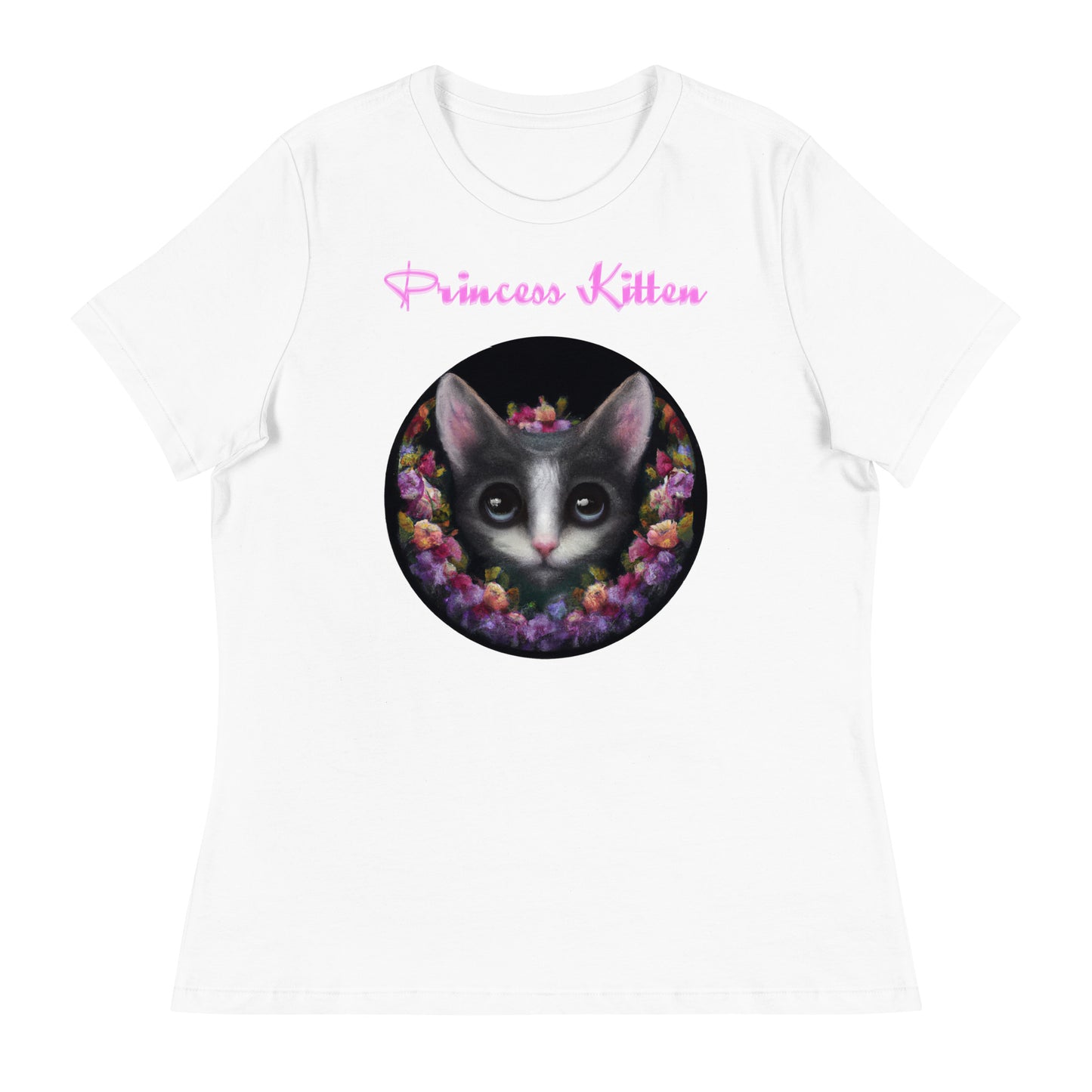 Women's White T-Shirt with Cute Kitten In Flower Circle with a text "Princess Kitten" at $25.97 found at Personalizedpetlovergifts