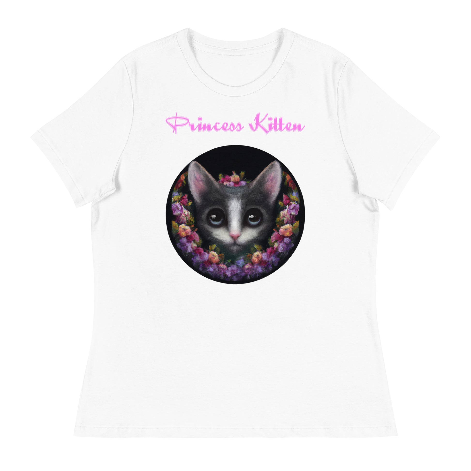 Women's White T-Shirt with Cute Kitten In Flower Circle with a text "Princess Kitten" at $25.97 found at Personalizedpetlovergifts