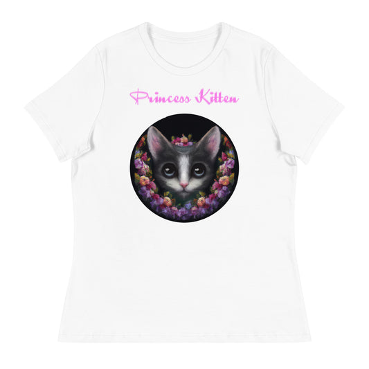 Women's White T-Shirt with Cute Kitten In Flower Circle with a text "Princess Kitten" at $25.97 found at Personalizedpetlovergifts