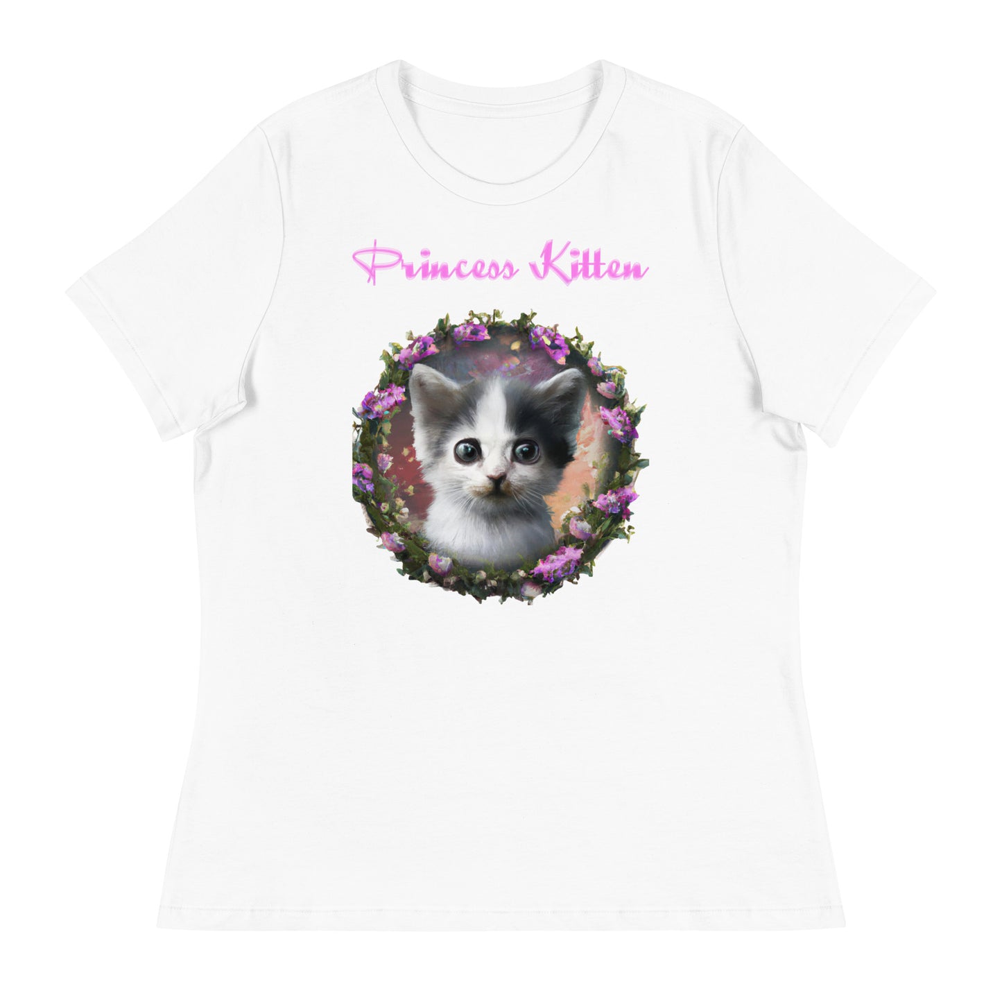 Women's White T-Shirt with Cute Kitten In a Floral Circle with a text "Princess Kitten" at $25.97 found at Personalizedpetlovergifts