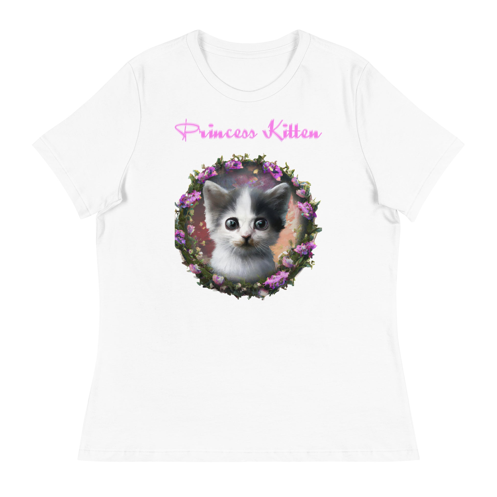 Women's White T-Shirt with Cute Kitten In a Floral Circle with a text "Princess Kitten" at $25.97 found at Personalizedpetlovergifts