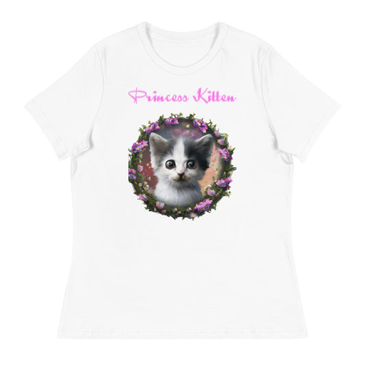 Women's White T-Shirt with Cute Kitten In a Floral Circle with a text "Princess Kitten" at $25.97 found at Personalizedpetlovergifts