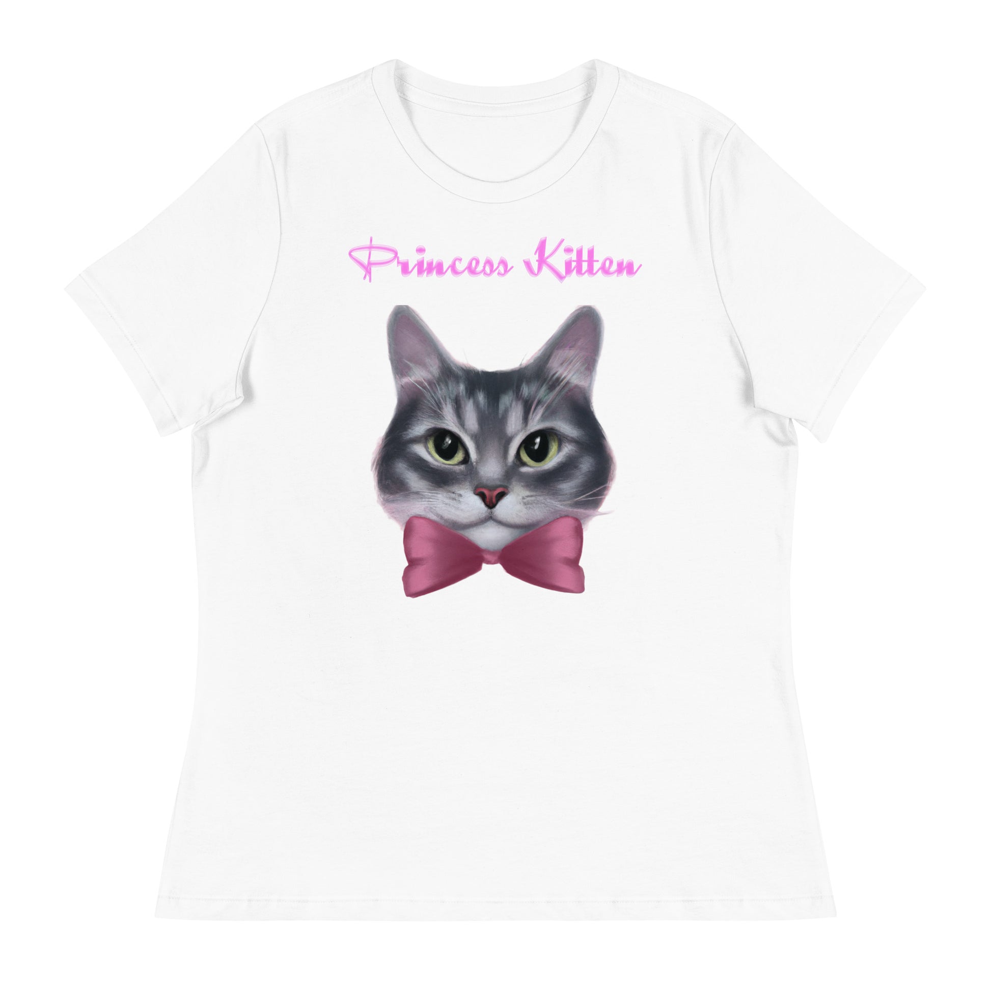 Women's White T-Shirt with Cute Kitten Face With a Pink Bow with a text "Princess Kitten" at $25.97 found at Personalizedpetlovergifts