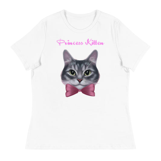 Women's White T-Shirt with Cute Kitten Face With a Pink Bow with a text "Princess Kitten" at $25.97 found at Personalizedpetlovergifts