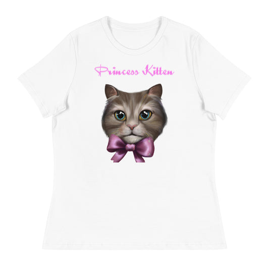 Women's White T-Shirt with Cute Kitten Face With a Bow with a text "Princess Kitten" at $25.97 found at Personalizedpetlovergifts