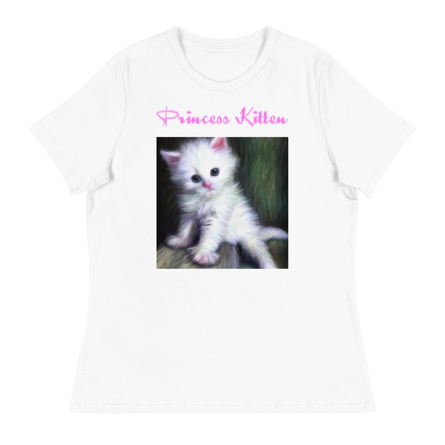 Women's White T-Shirt with Cute Fluffy White Kitten with a text "Princess Kitten" at $25.97 found at Personalizedpetlovergifts