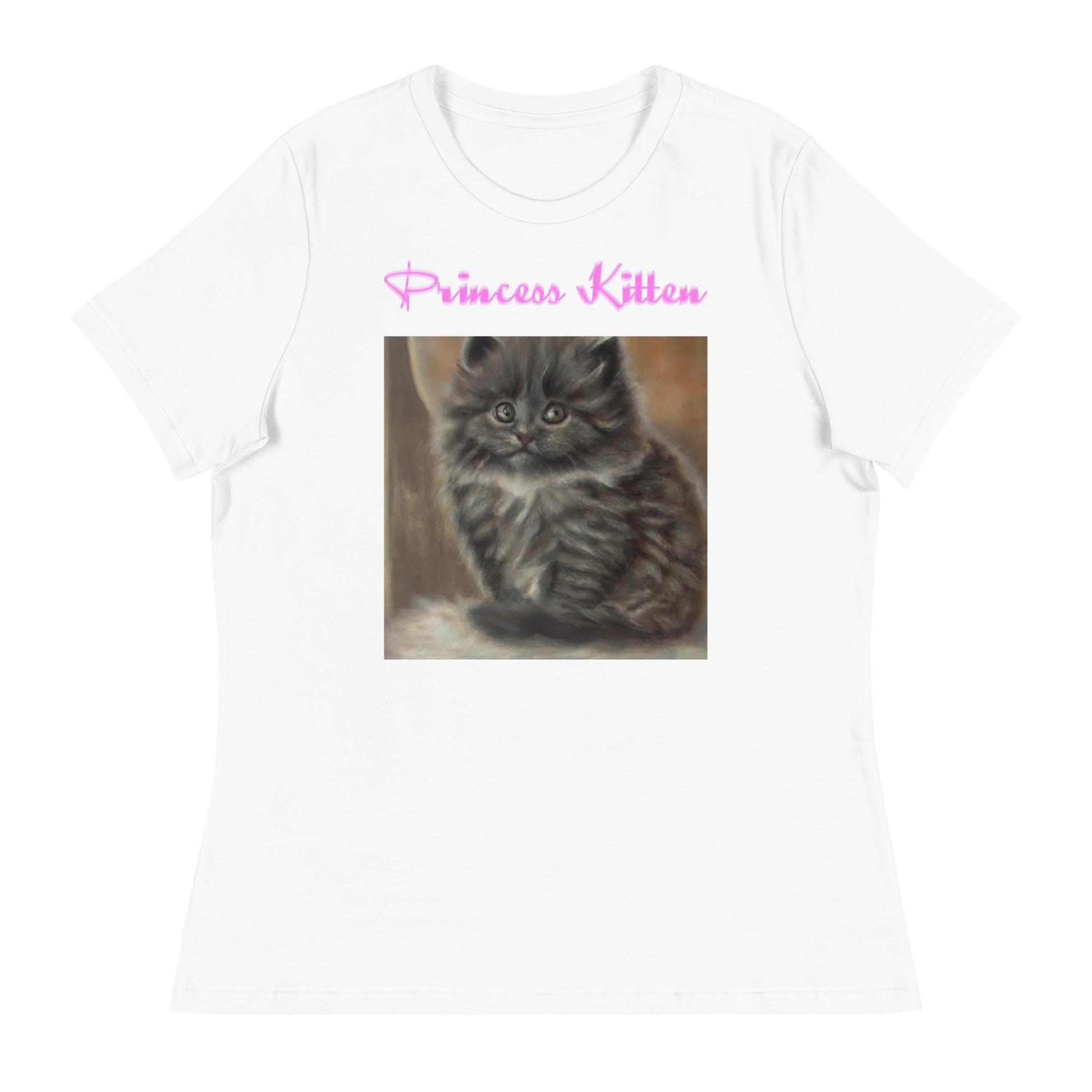 Women's White T-Shirt with Cute Fluffy Kitten with a text "Princess Kitten" at $25.97 found at Personalizedpetlovergifts