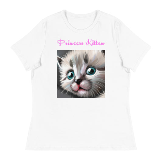 Women's White T-Shirt with Cute Fluffy Kitten With Blue Eyes with a text "Princess Kitten" at $25.97 found at Personalizedpetlovergifts