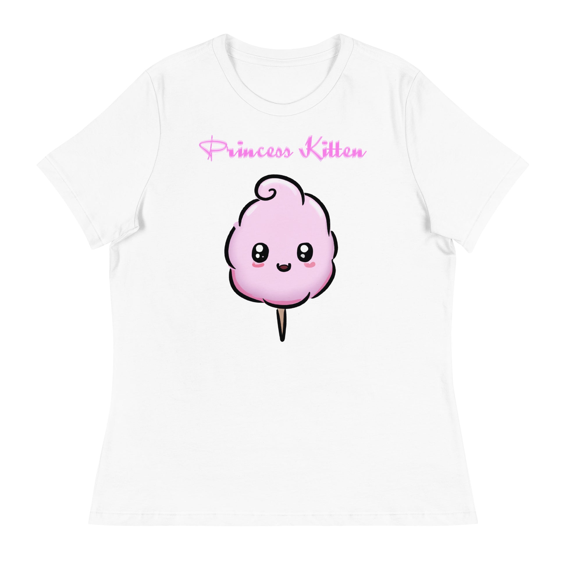 Women's White T-Shirt with Cute Cotton Candy with a text "Princess Kitten" at $25.97 found at Personalizedpetlovergifts