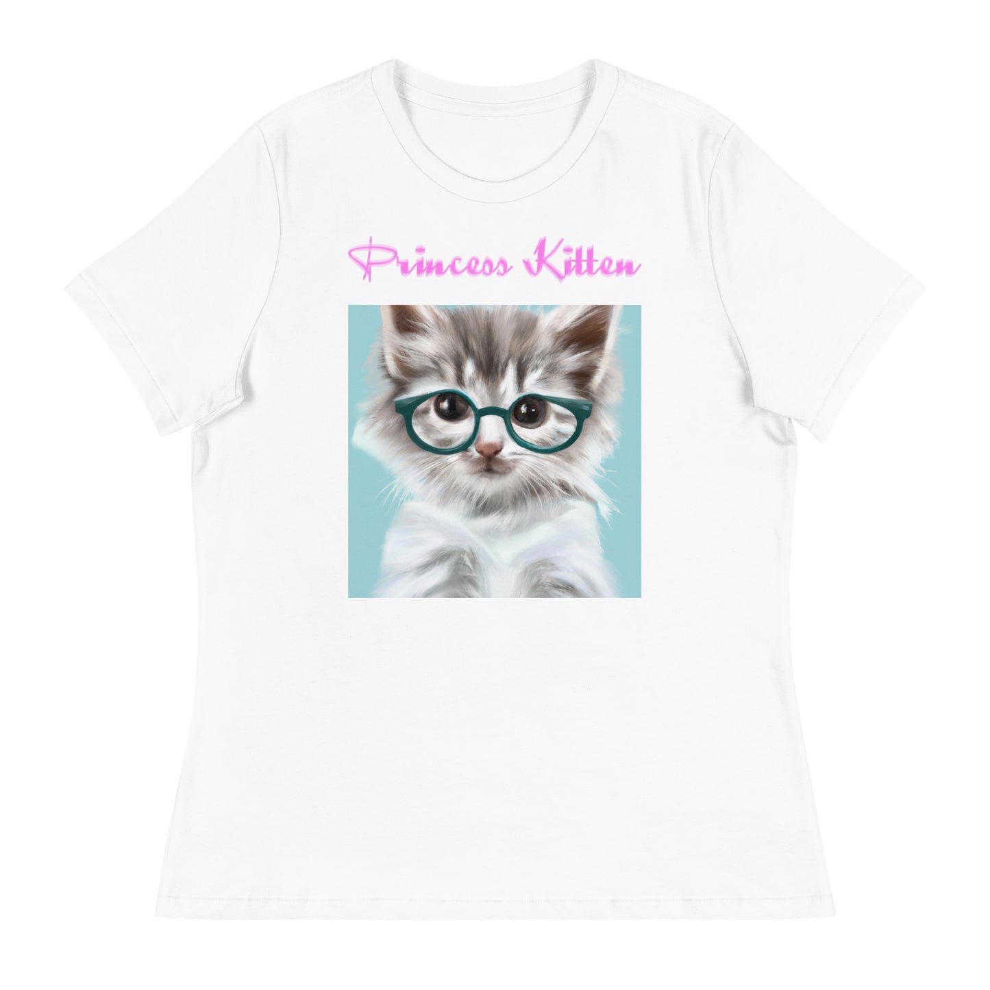 Women's White T-Shirt with Cute Cat With Glasses with a text "Princess Kitten" at $25.97 found at Personalizedpetlovergifts