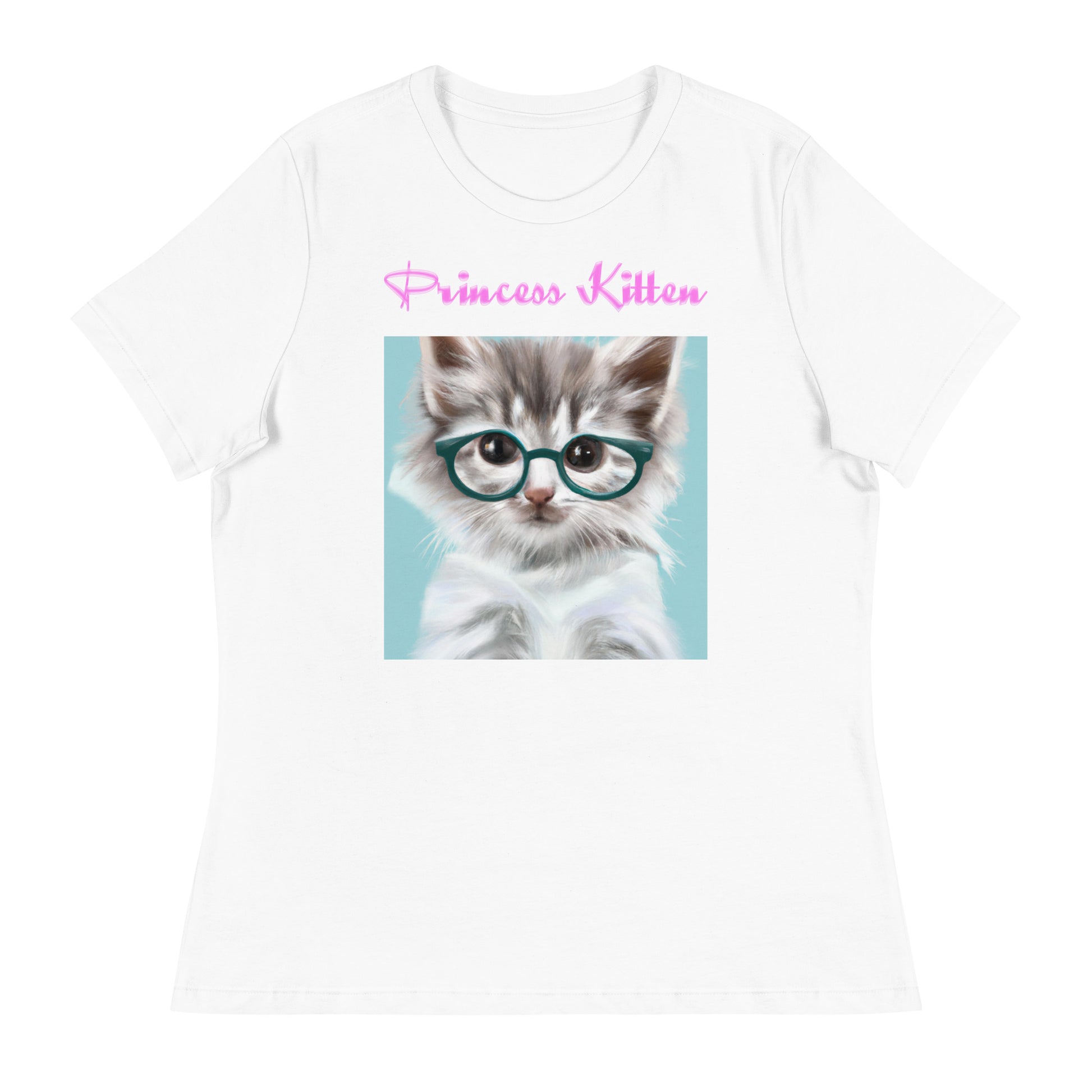 Women's White T-Shirt with Cute Cat With Glasses with a text "Princess Kitten" at $25.97 found at Personalizedpetlovergifts