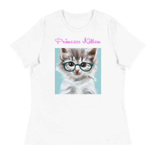 Women's White T-Shirt with Cute Cat With Glasses with a text "Princess Kitten" at $25.97 found at Personalizedpetlovergifts