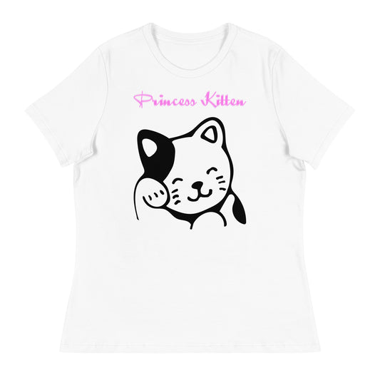 Women's White T-Shirt with Cute Cat Waving with a text "Princess Kitten" at $25.97 found at Personalizedpetlovergifts