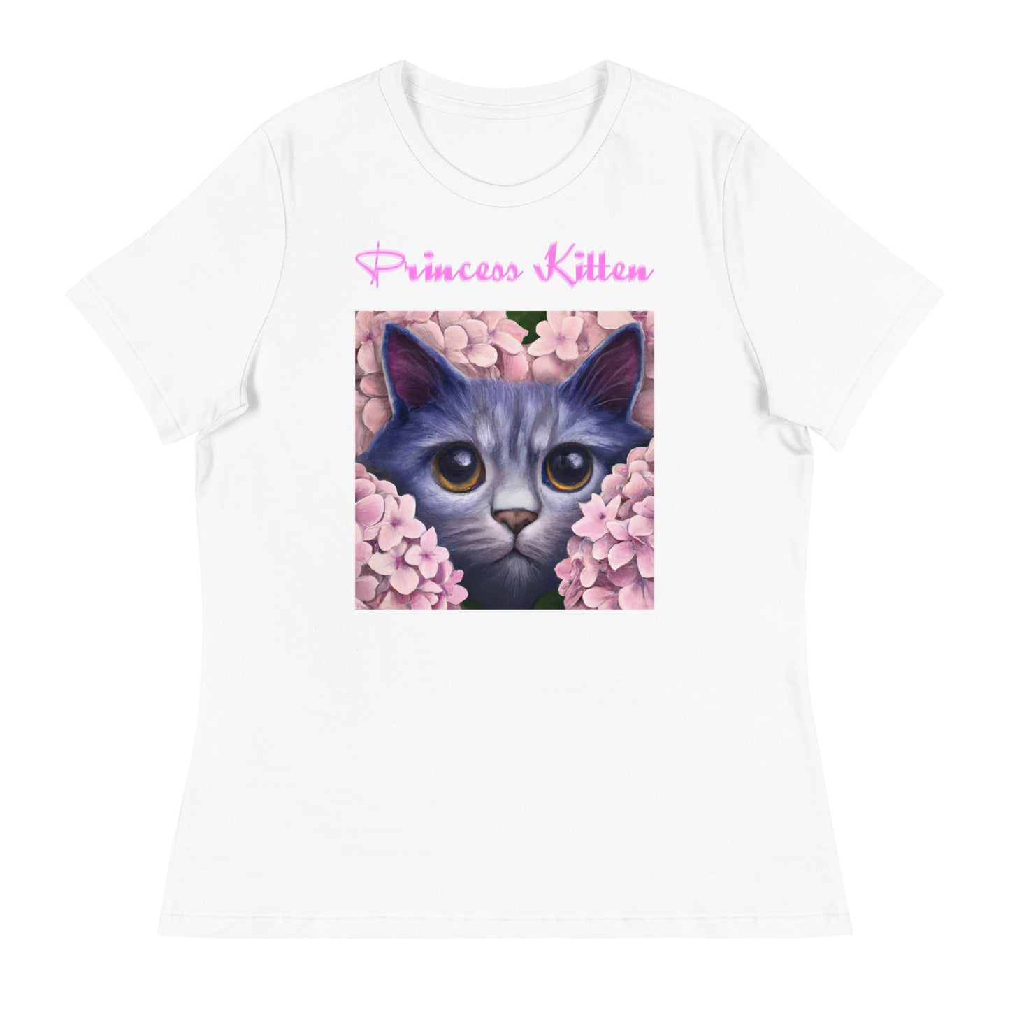 Women's White T-Shirt with Cute Cat In Flowers with a text "Princess Kitten" at $25.97 found at Personalizedpetlovergifts