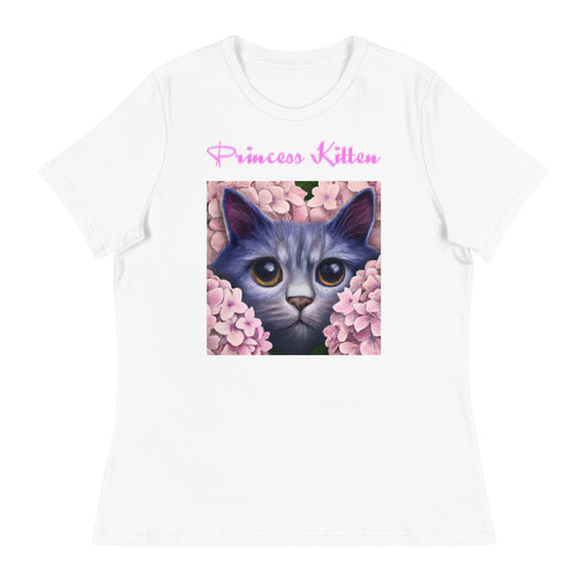 Women's White T-Shirt with Cute Cat In Flowers with a text "Princess Kitten" at $25.97 found at Personalizedpetlovergifts