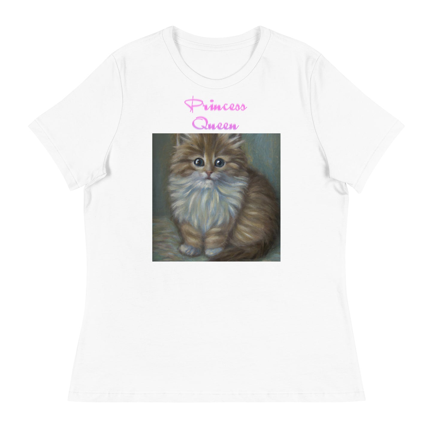 Women's White T-Shirt with Fluffy Kitten Painting with a text "Princess Queen" at $25.97 found at Personalizedpetlovergifts