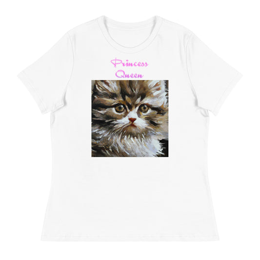 Women's White T-Shirt with Fluffy Kitten Oil Painting with a text "Princess Queen" at $25.97 found at Personalizedpetlovergifts