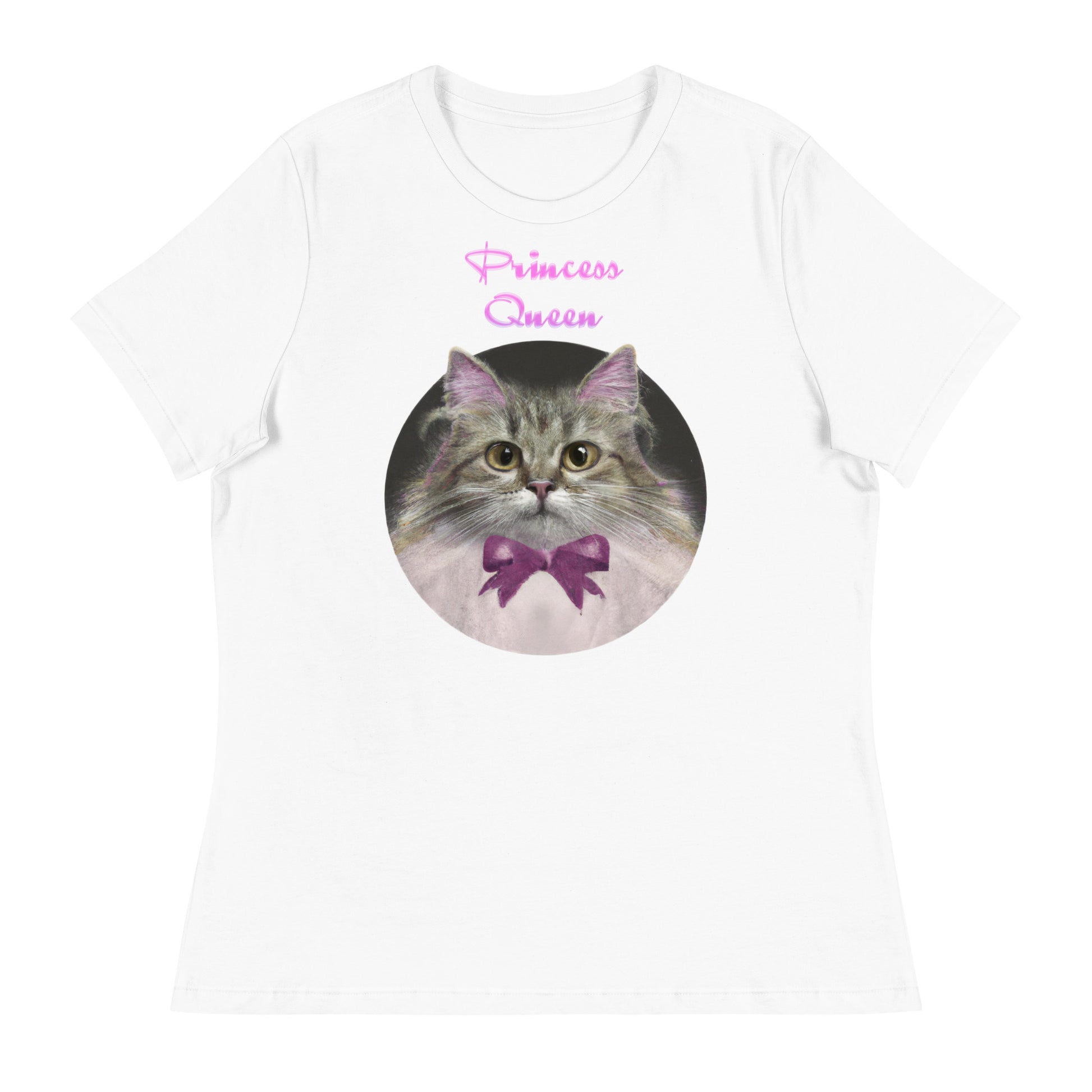 Women's White T-Shirt with Fluffy Kitten in a Circle With a Bow with a text "Princess Queen" at $25.97 found at Personalizedpetlovergifts