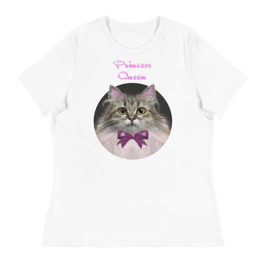 Women's White T-Shirt with Fluffy Kitten in a Circle With a Bow with a text "Princess Queen" at $25.97 found at Personalizedpetlovergifts