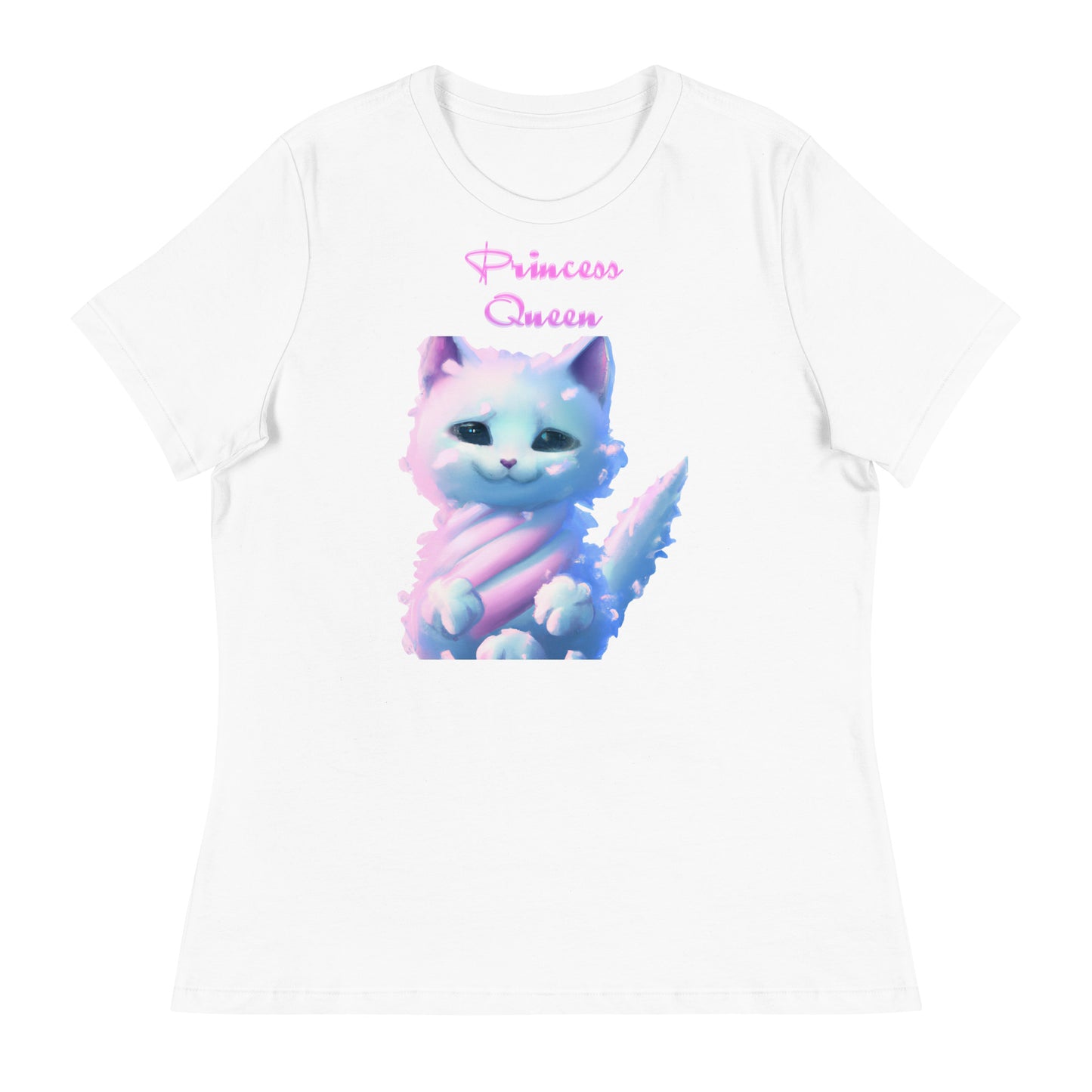 Women's White T-Shirt with Fluffy Cotton Candy Cloud Kitten with a text "Princess Queen" at $25.97 found at Personalizedpetlovergifts