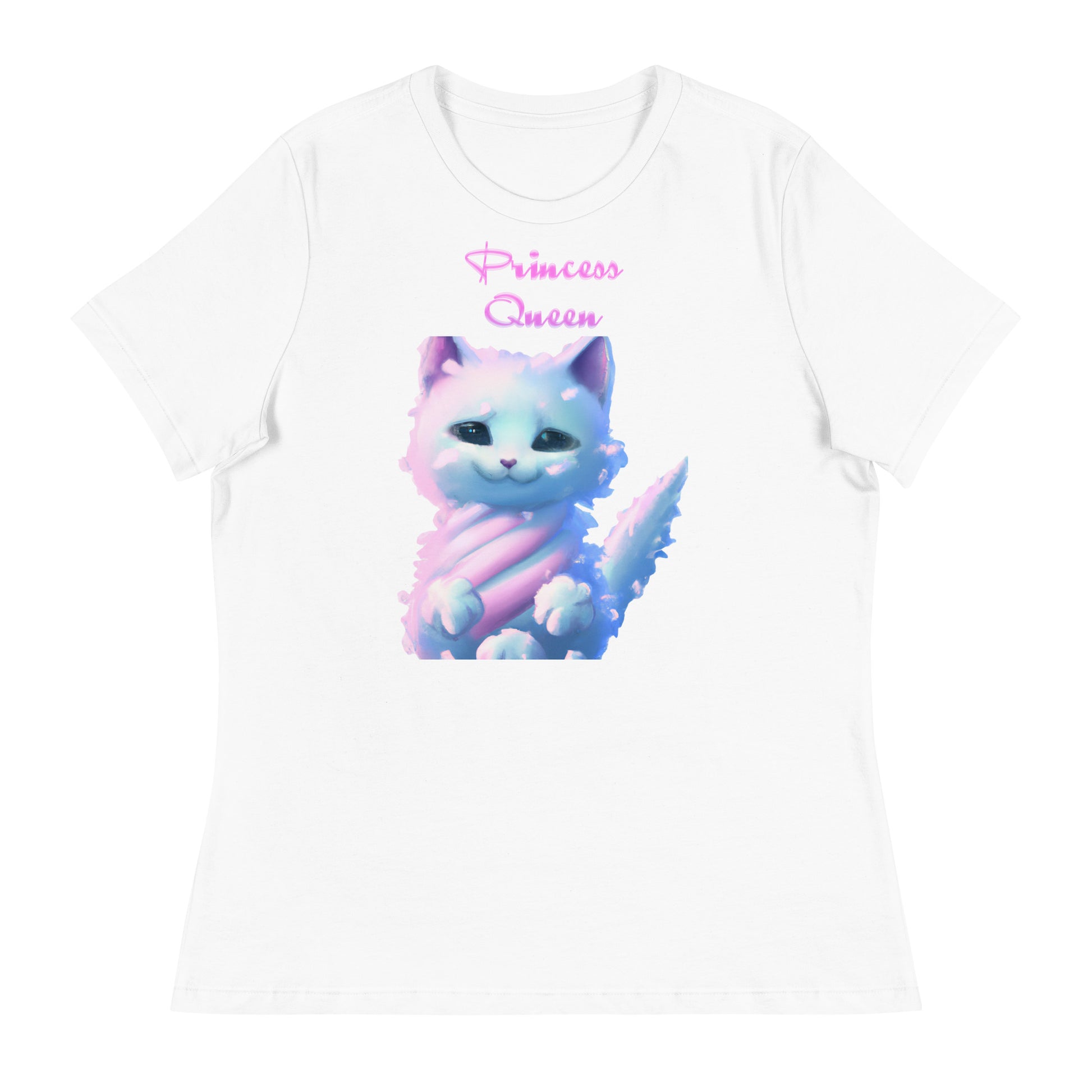 Women's White T-Shirt with Fluffy Cotton Candy Cloud Kitten with a text "Princess Queen" at $25.97 found at Personalizedpetlovergifts