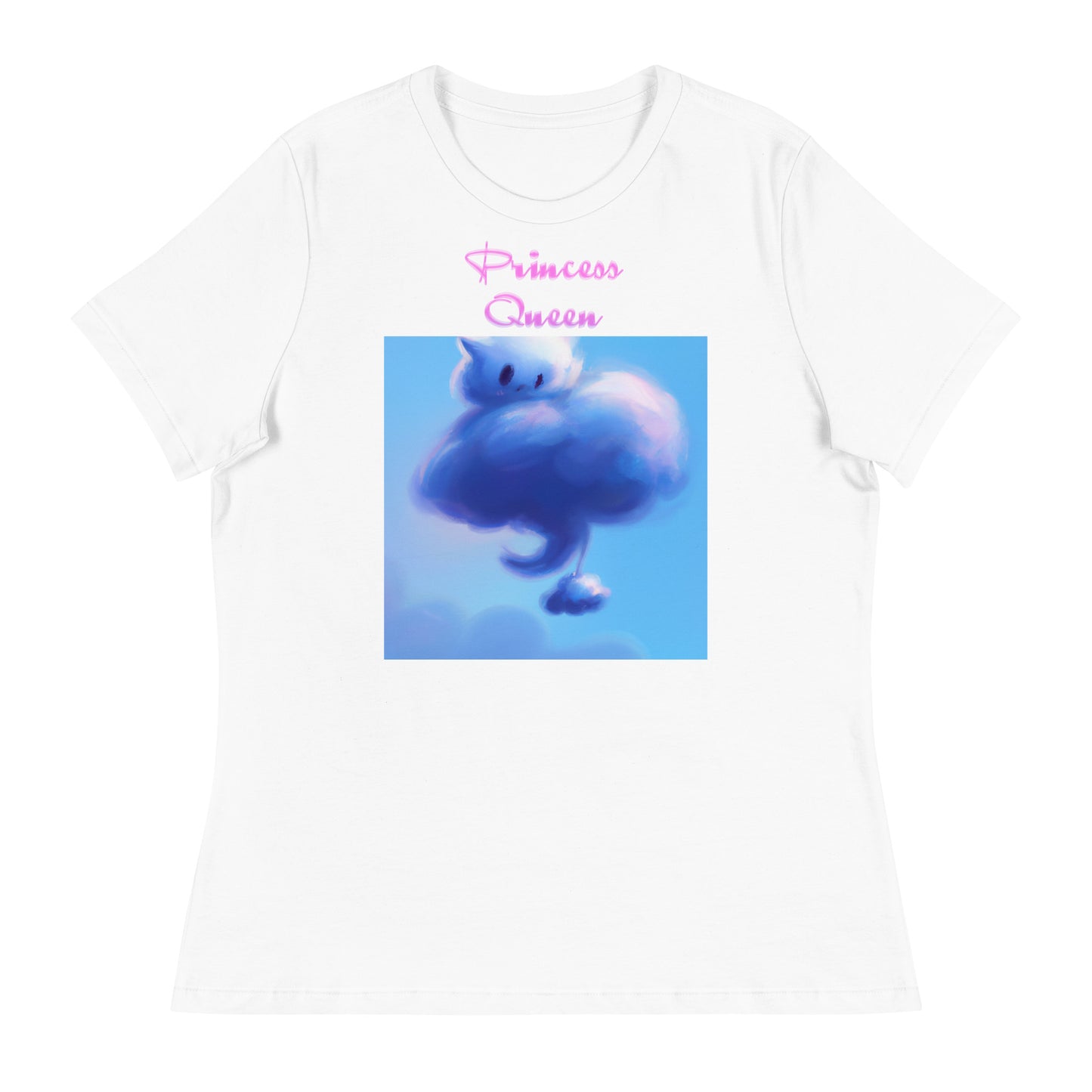 Women's White T-Shirt with Fluffy Cloud Kitten with a text "Princess Queen" at $25.97 found at Personalizedpetlovergifts