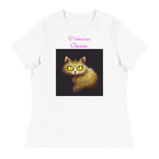 Women's White T-Shirt with Fluffy Cat With Big Yellow Eyes with a text "Princess Queen" at $25.97 found at Personalizedpetlovergifts