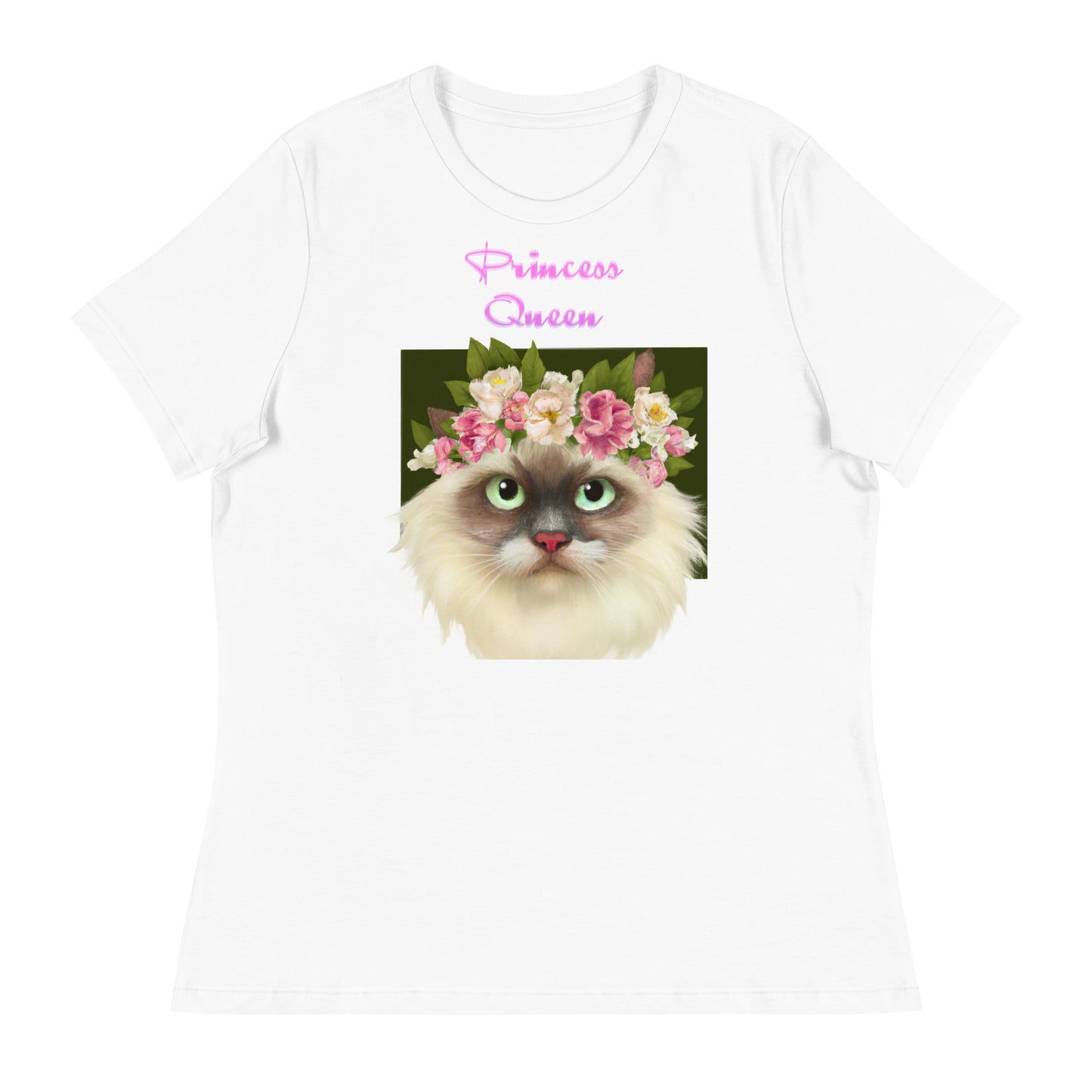 Women's White T-Shirt with Fluffy Cat Portrait With Flowers with a text "Princess Queen" at $25.97 found at Personalizedpetlovergifts