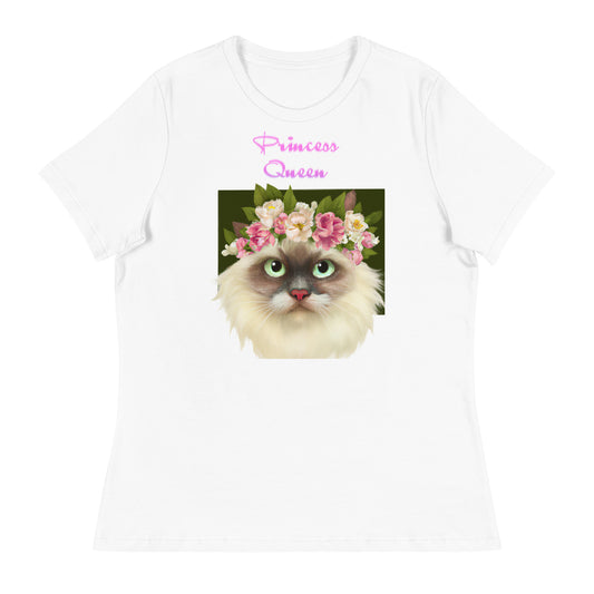 Women's White T-Shirt with Fluffy Cat Portrait With Flowers with a text "Princess Queen" at $25.97 found at Personalizedpetlovergifts