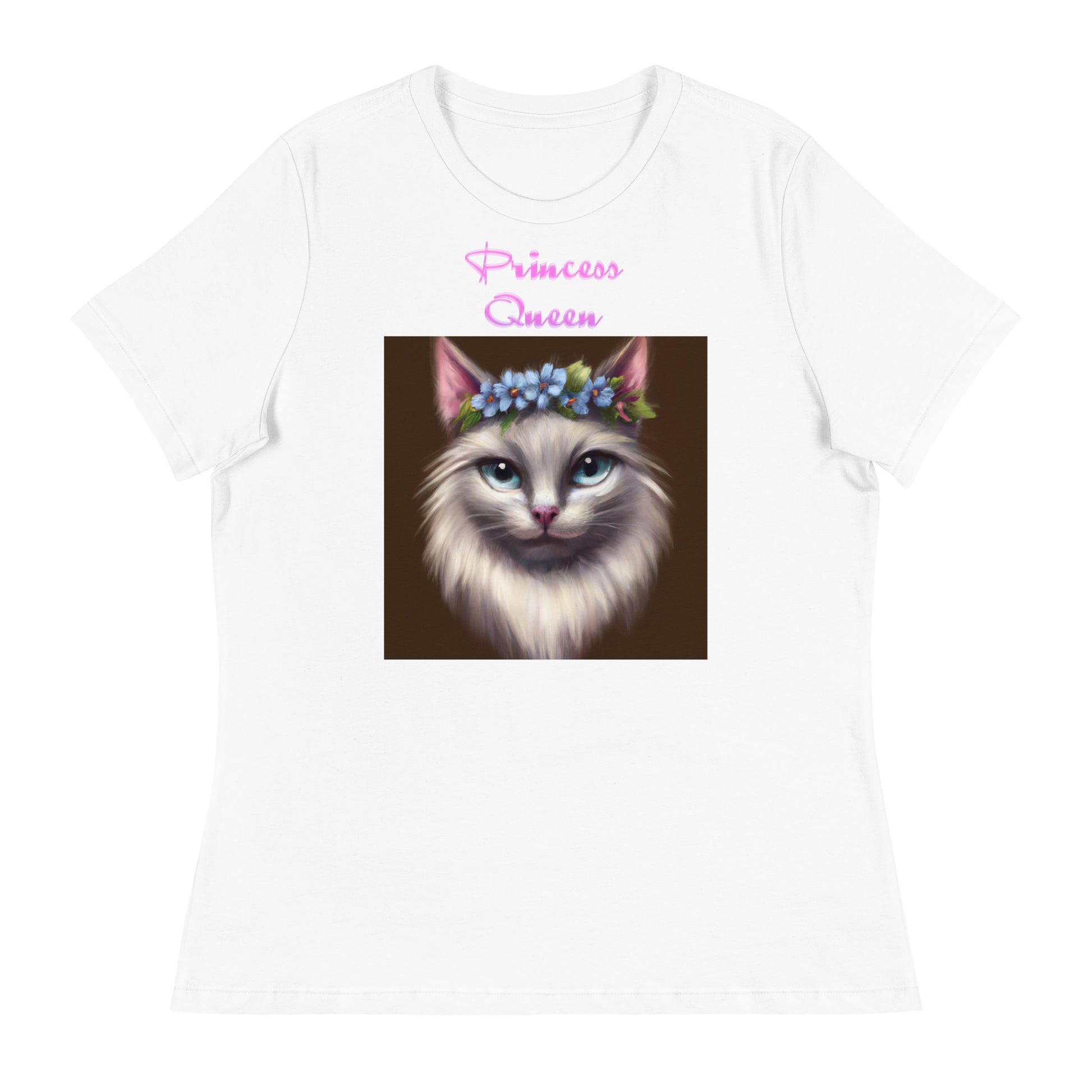 Women's White T-Shirt with Fluffy Cat Portrait With Blue Flowers with a text "Princess Queen" at $25.97 found at Personalizedpetlovergifts