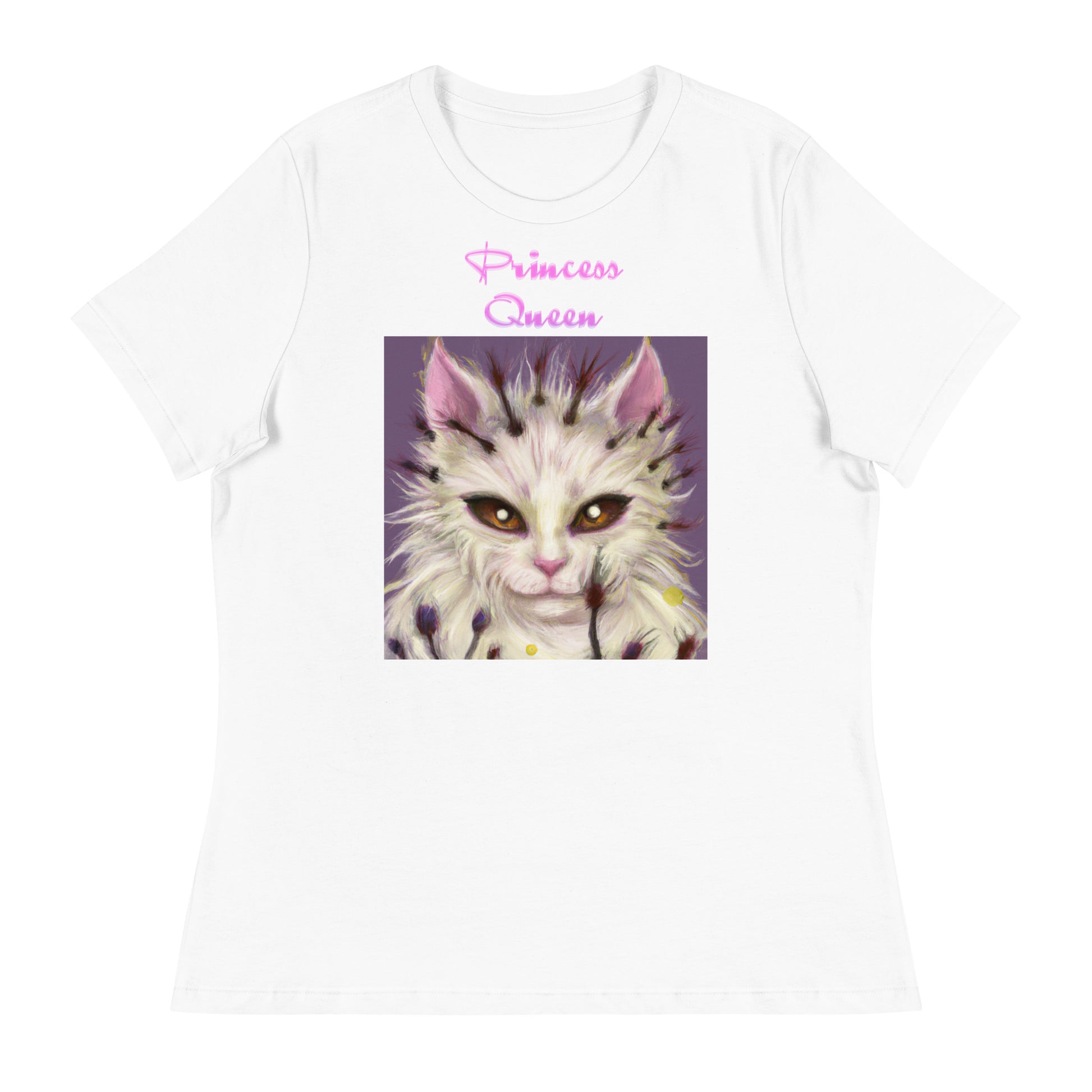 Women's White T-Shirt with Fluffy Alien Cat with a text "Princess Queen" at $25.97 found at Personalizedpetlovergifts