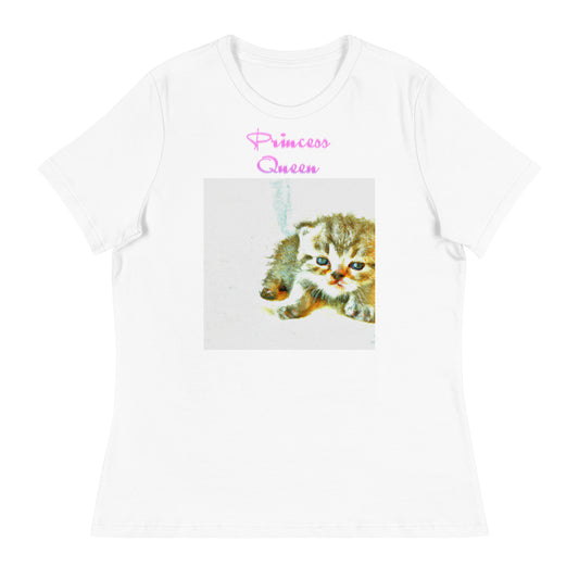 Women's White T-Shirt with Drawing Of a Cute Kitten with a text "Princess Queen" at $25.97 found at Personalizedpetlovergifts