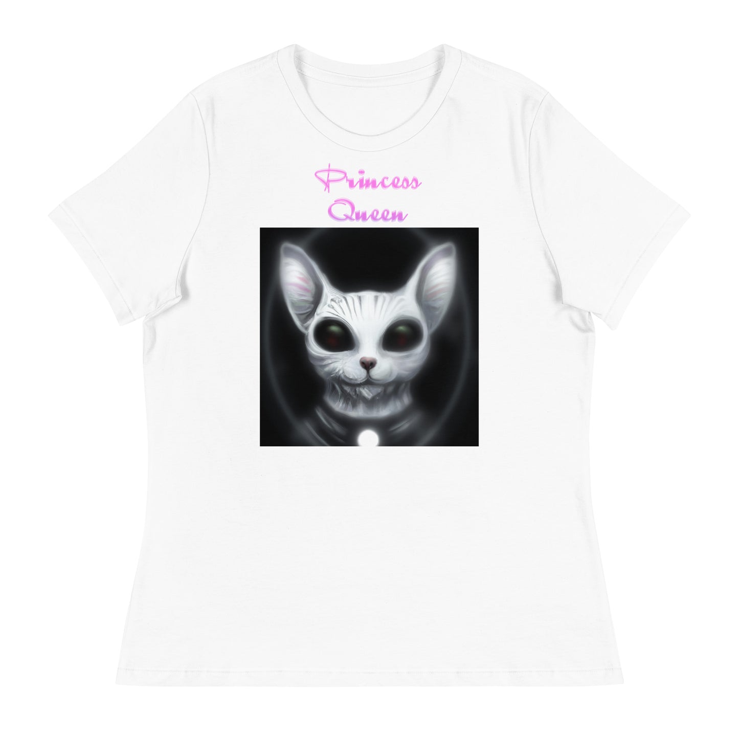 Women's White T-Shirt with Dark Alien Cat with a text "Princess Queen" at $25.97 found at Personalizedpetlovergifts