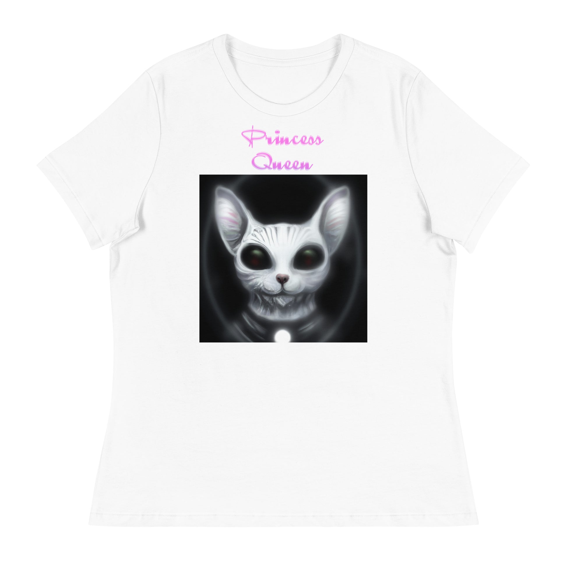 Women's White T-Shirt with Dark Alien Cat with a text "Princess Queen" at $25.97 found at Personalizedpetlovergifts