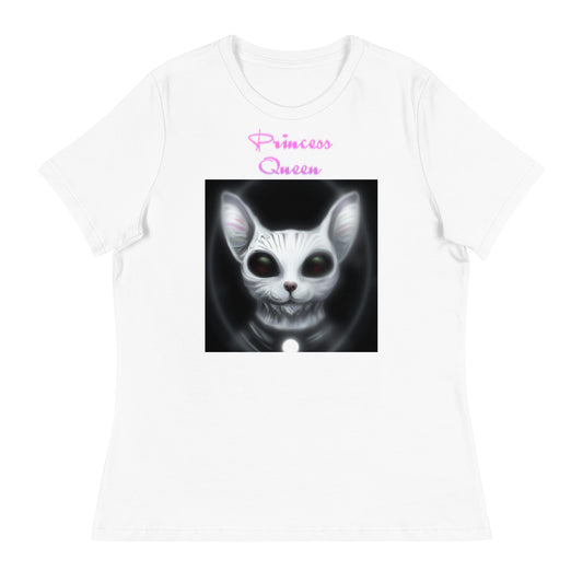 Women's White T-Shirt with Dark Alien Cat with a text "Princess Queen" at $25.97 found at Personalizedpetlovergifts