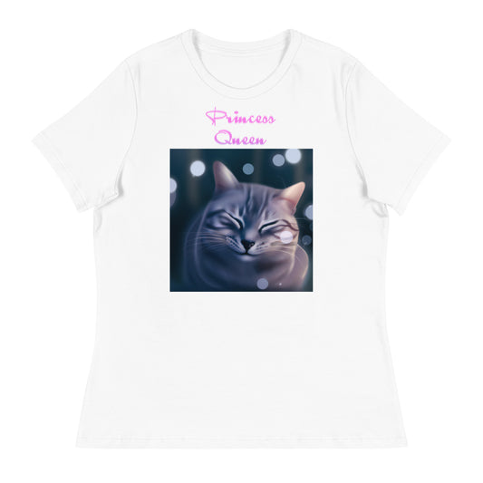 Women's White T-Shirt with Cute Sleepy Cat with a text "Princess Queen" at $25.97 found at Personalizedpetlovergifts