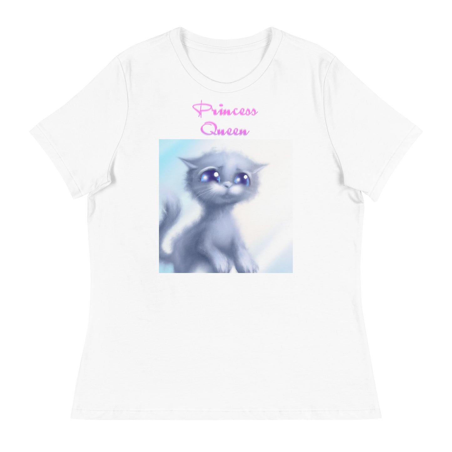 Women's White T-Shirt with Cute Sad Kitten with a text "Princess Queen" at $25.97 found at Personalizedpetlovergifts