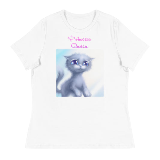 Women's White T-Shirt with Cute Sad Kitten with a text "Princess Queen" at $25.97 found at Personalizedpetlovergifts